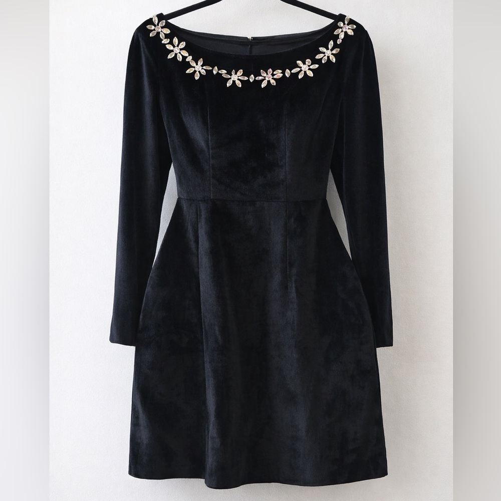 Never worn Velvet Chic Black Long Sleeve Dress with Floral Accents